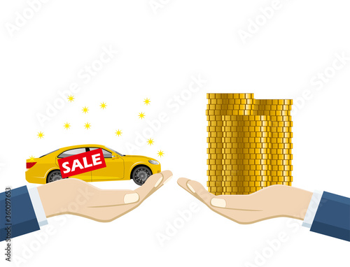 手のひら掌に乗ったミニカーのイラスト｜車の売買譲渡のイメージ｜illustration of buying and selling cars