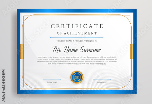 Diploma certificate with blue and gold border template