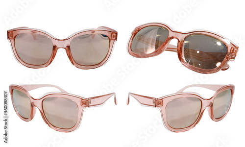 Sunglasses with pink lens isolated on White Background. Fashionable summer eye glasses collection. Glamour glasses mockup. stock photo