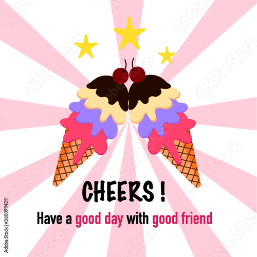 cheers, two ice cream cone and starwith cheers letter and pink backgroung