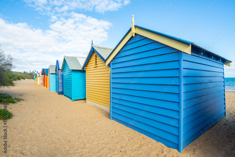 Bathing boxes on Dendy Street Beach, Brighton beach of Melbourne town of Australia.