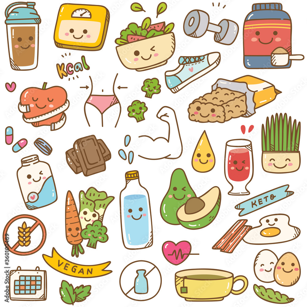 Set of diet kawaii doodle Set of diet kawaii doodle