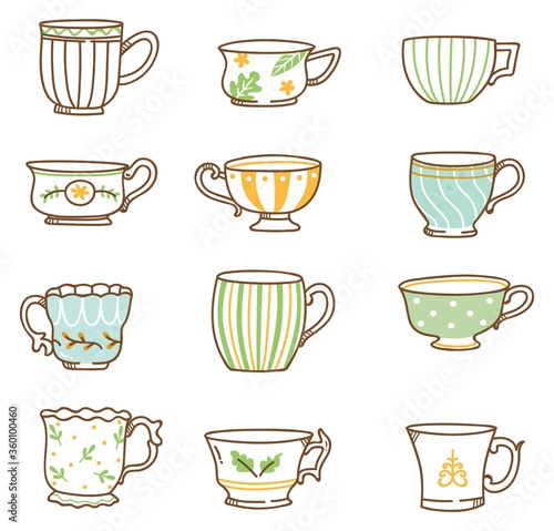 Hand drawn vintage tea cups set 