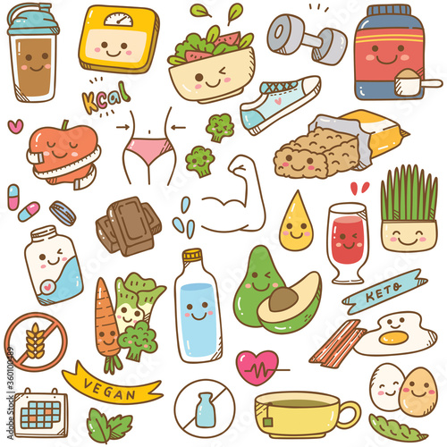 Set of diet kawaii doodle