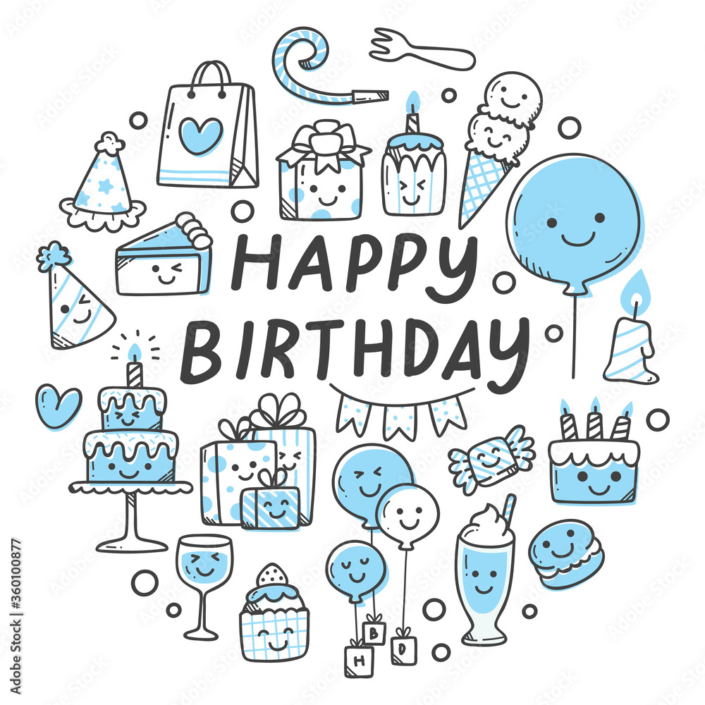 Set of birthday related object in kawaii doodle style