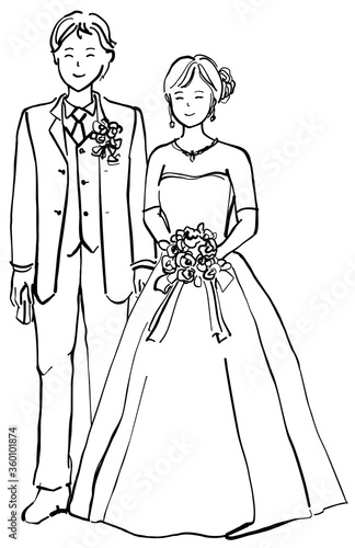 結婚式の新郎新婦　線画　1色