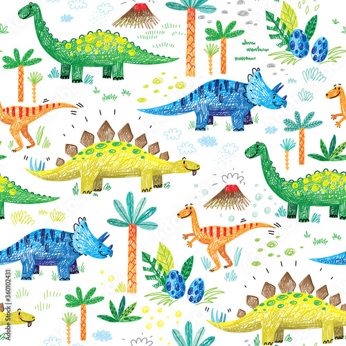 seamless pattern with cute dinosaurs hand drawn doodle kids