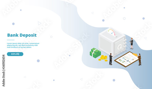 Bank vault deposit safe campaign for web website template page landing home homepage with isometric flat style