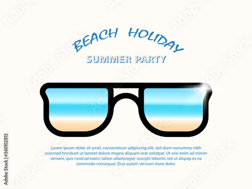 Stylish black eyeglass frame with reflection of coastline beach and blue sky panorama