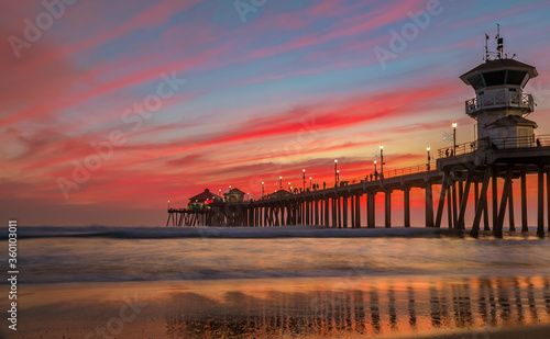 Sunset by the Huntington Beach Pier in California photo