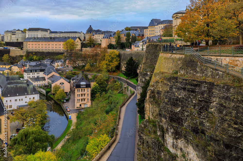 Aerial view of the old town of Luxembourg, UNESCO World Heritage Site, with its ancient wall