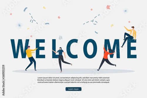 Illustration vector of Welcome concept with the giant Welcome text and people characters standing near the word. Suitable for landing page, web, flyer, and banner. meeting, greeting concept.