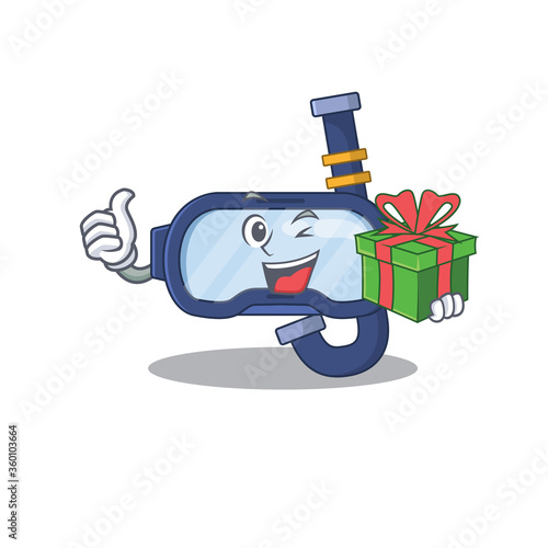 Dive glasses cartoon character concept with a big gift box