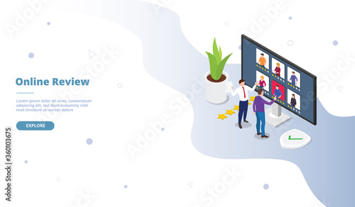 Online review campaign for web website template page landing home homepage with isometric flat style
