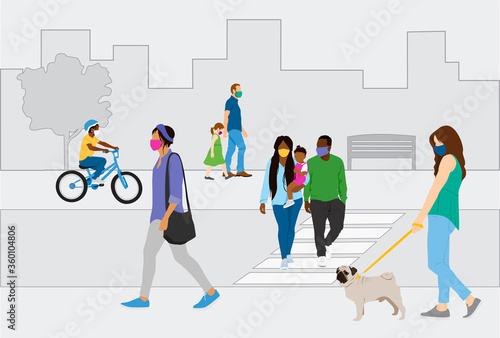 People walking outside wearing protective face masks during pandemic