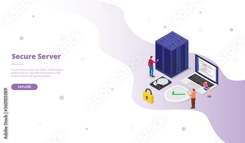 secure server campaign for web website template page landing home homepage with isometric flat style vector design