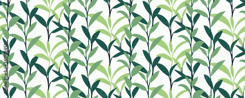 Green leaves seamless pattern. Silhouettes of tea sprigs background. Botanical print, perfect for fabric, packaging paper, wallpaper, fashion design, interior, wrap... Vector illustration. 