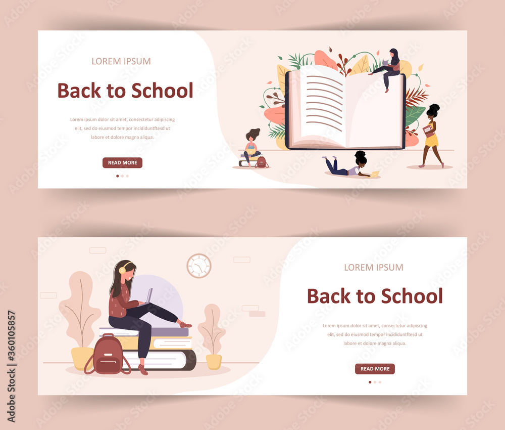 Welcome back to school. Girls reading book. Smart students. Women cartoon character. Modern vector illustration in flat style. Web banner for diverse education community and creativity.