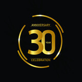 30 year anniversary celebration logotype. anniversary logo with circle golden and Spark light white color isolated on black background - vector