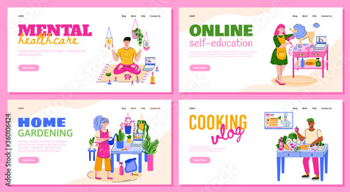 Vector templates for landing pages for people on weekends or in quarantine. Home education, yoga, cooking, pet care, planting. Stay at home and pursue your hobby. A set of flat colorful illustrations
