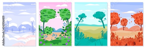 Four seasons landscapes set of autumn and summer, winter and spring countryside nature view, flat vector illustration. Scenery backgrounds of seasonal nature changes.