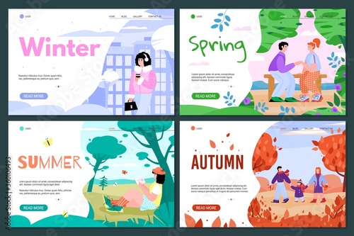 A set of landing page templates for four seasons: a girl walking along a winter street, a couple holding hands sitting on a bench in spring, a girl reading a book sitting under a tree in summer, a