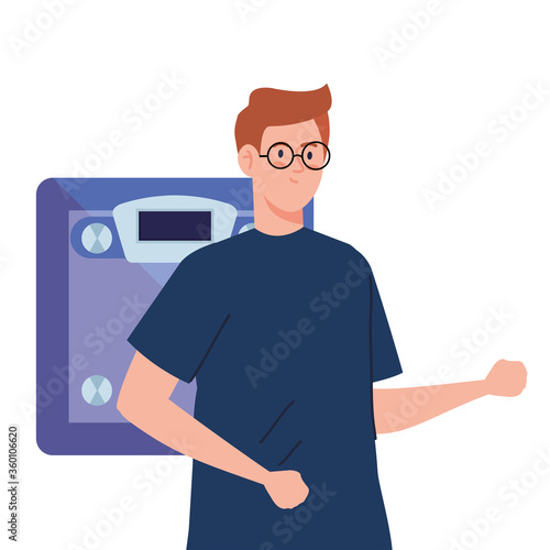 young man with weigh scale on white background