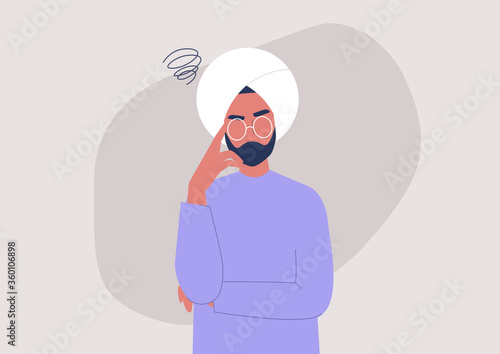 Young annoyed indian male character, sceptical face expression