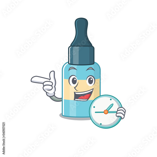 A picture of cheery hair oil holding a clock