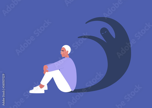 Young male character having a panic attack, an imaginary monster shadow silhouette, mental health issues, psychology
