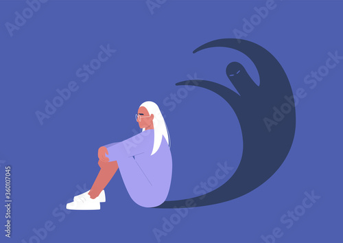 Young female character having a panic attack, an imaginary monster shadow silhouette, mental health issues, psychology