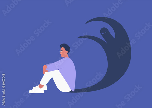 Young male character having a panic attack, an imaginary monster shadow silhouette, mental health issues, psychology