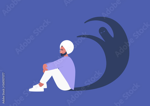 Young indian male character having a panic attack, an imaginary monster shadow silhouette, mental health issues, psychology