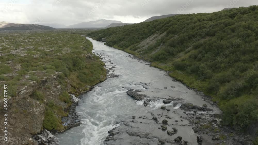 Aerial View, Barnafossar Waterfall, Iceland, Flying Backwards (Camera Movement) Aerial View, Barnafossar Waterfall, Iceland, Flying Backwards (Camera Movement)