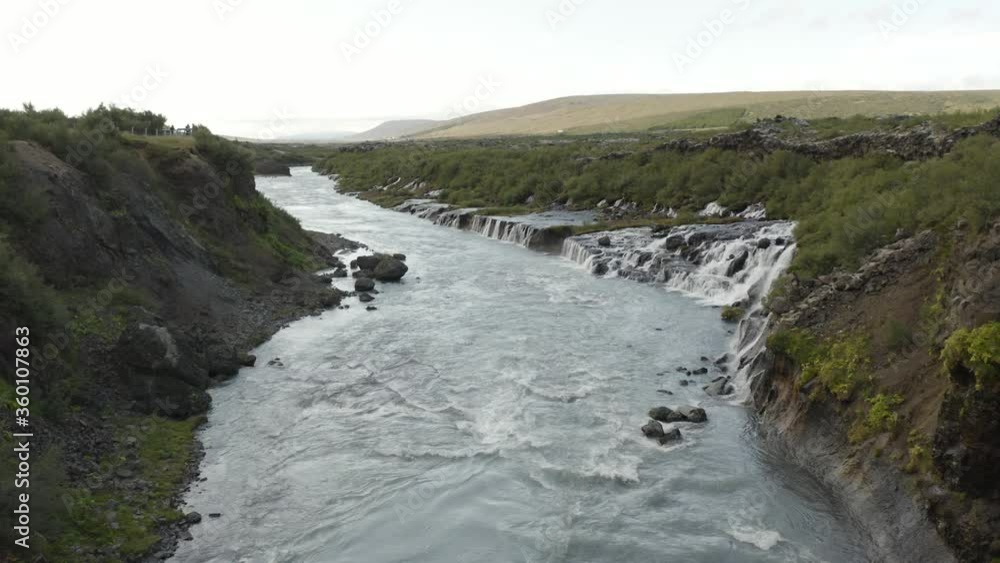 Aerial View, Hraunfossar Waterfall, River, Iceland, Flying Downwards And Tlting Upwards (Camera Movement) Aerial View, Hraunfossar Waterfall, River, Iceland, Flying Downwards And Tlting Upwards (Camera Movement)