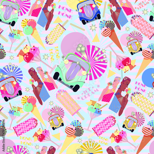 Vector seamless pattern with ice creams and ice cream trucks
