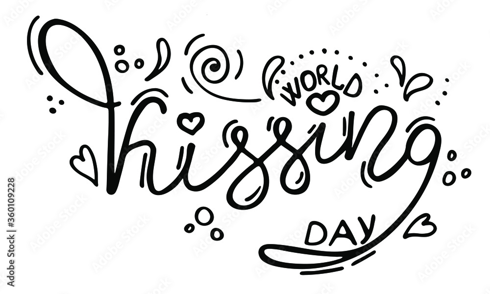 World Kissing Day phrase with doodle sketches. Hearts, dots and drops on an white background.