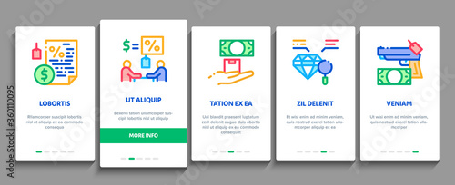 Pawnshop Exchange Onboarding Mobile App Page Screen Vector. Pawnshop Building And Handshake, Laptop And Phone, Photo Camera And Jewelry Stone Color Illustrations