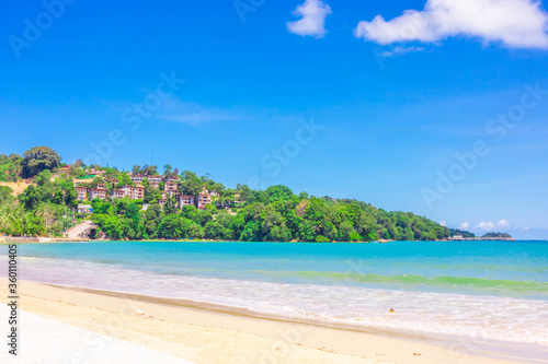 Tropical beach with resort on the mountain at Patong Beach, Phuket, thailand.