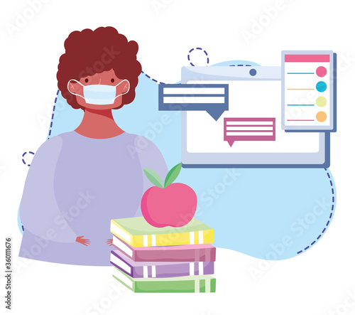 online training, boy with medical mask computer website chatting, courses knowledge development using internet