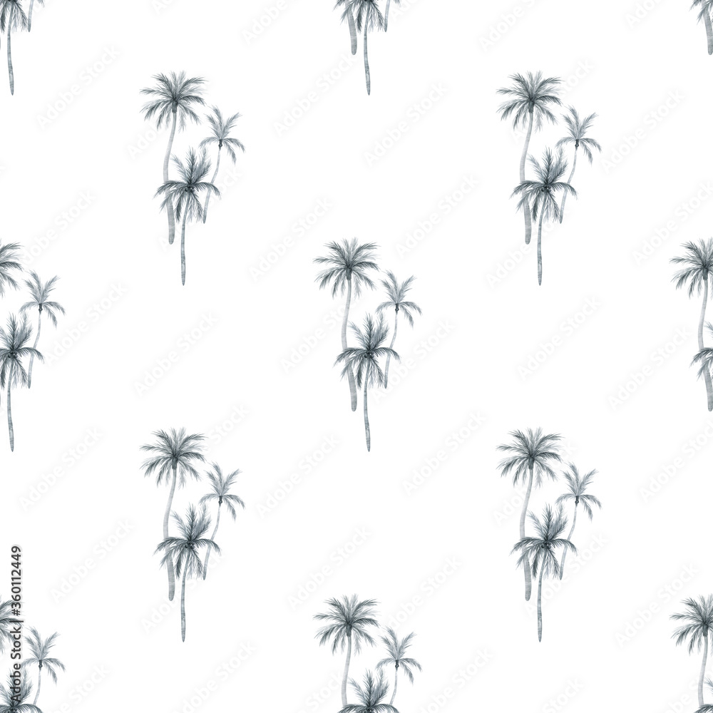 Watercolor seamless pattern with tropical palm trees. Coconut palm. Gently black and white background with wildlife jungle elements. Aesthetic vintage wallpaper, wrapping