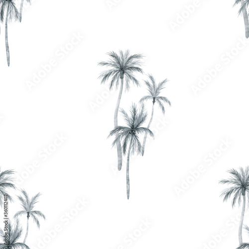 Watercolor seamless pattern with tropical palm trees. Coconut palm. Gently black and white background with wildlife jungle elements. Aesthetic vintage wallpaper, wrapping © Kate K.