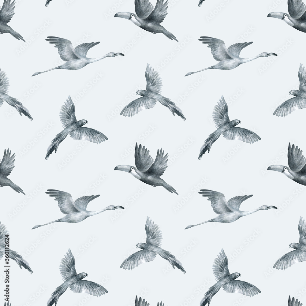 Obraz premium Watercolor seamless pattern with wild tropical birds. Parrot, toucan, flamingo, ostrich. Background with jungle animal for textile, wrapping, covers, decoration.