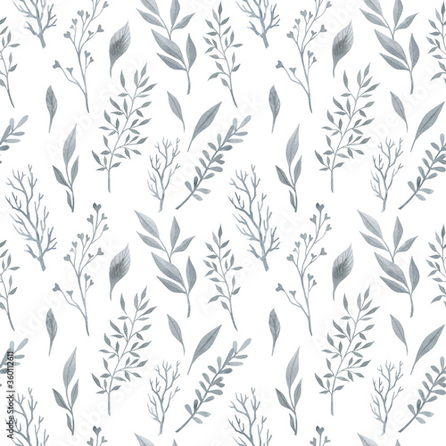 Watercolor seamless pattern with plants and leaves in black and white color. Foliage in gently silver color. Vintage illustration elements. Floral background with dried botanica.