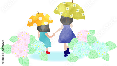 雨の日に傘を差して手をつないで歩くお母さんと女の子　水彩風イラスト