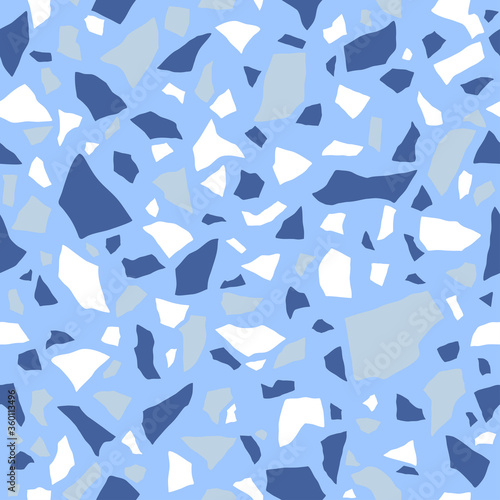 Mosaic floors of marble chips. Floors terrazzo, polymer mosaic seamless pattern. Abstract blue and white background. Vector tile texture