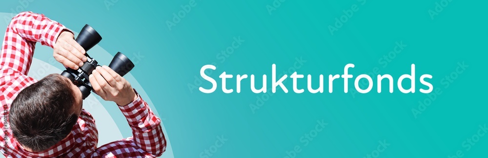 Fototapeta premium Strukturfonds. Mann mit Fernglas aus Vogelperspektive. Beobachtung, Draufsicht, Panorama. Business Text auf blau. Statistik, Wirtschaft