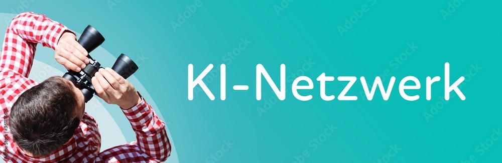 Naklejka premium KI-Netzwerk (Künstliche Intelligenz). Mann mit Fernglas aus Vogelperspektive. Beobachtung, Draufsicht, Panorama. Business Text auf blau. Statistik, Wirtschaft