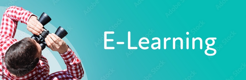 Fototapeta premium E-Learning (Electronic Learning). Mann mit Fernglas aus Vogelperspektive. Beobachtung, Draufsicht, Panorama. Business Text auf blau. Statistik, Wirtschaft