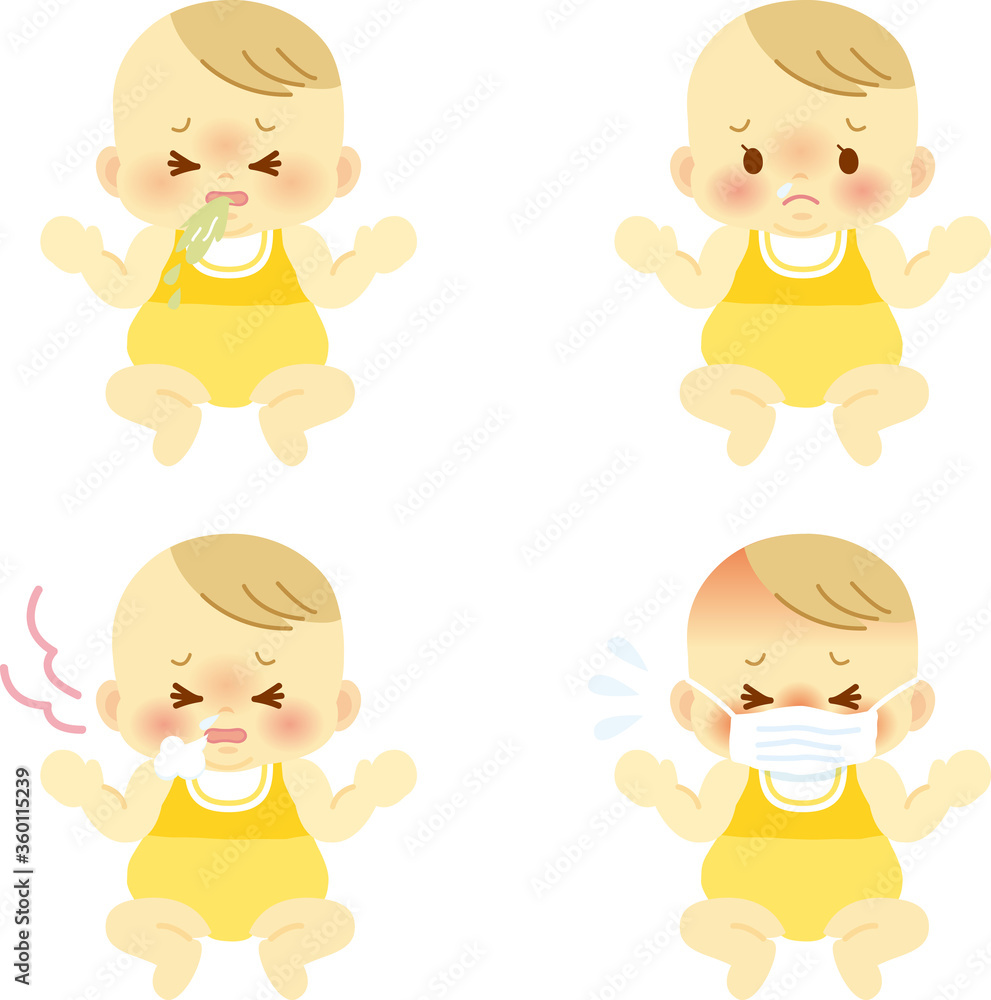 ベビー服を着た体調不良な表情の赤ちゃんセット ベビー全身イラスト15 Vector De Stock Adobe Stock